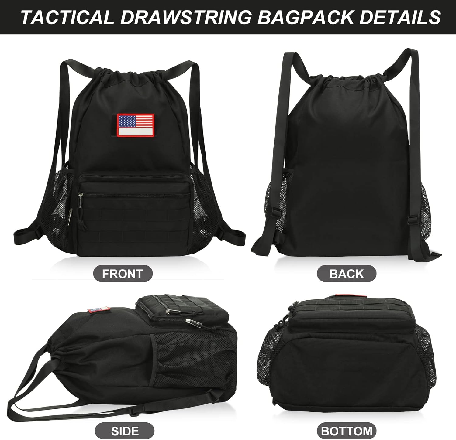 ATRIPACK Tactical Drawstring Backpack， Water-Resistant Swim Bag String Bag Sandproof Beach Backbag American Flag Cinch Sack Bookbag for Men Women Boys Girls Basketball，Swim， Gym， Sports (Black) - Image 2